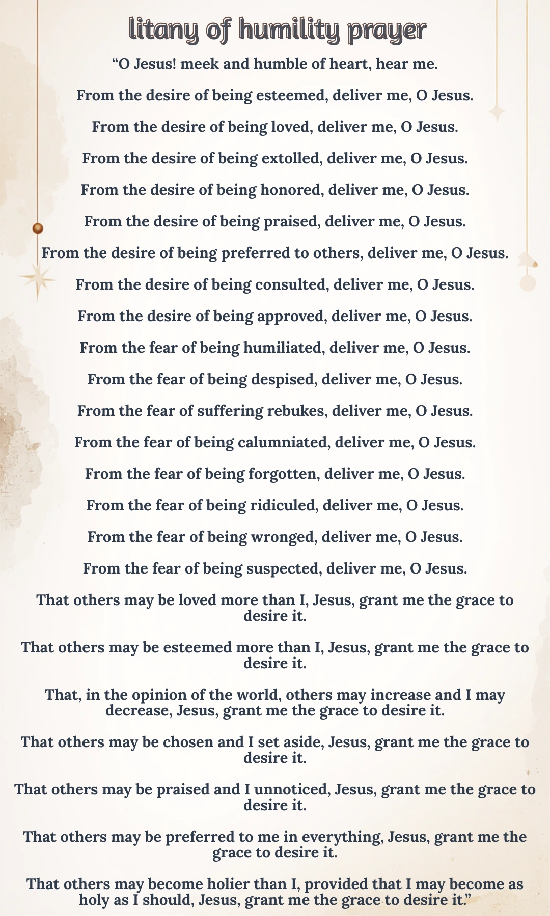 litany of humility prayer card